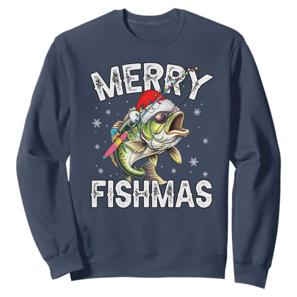 Funny Christmas Fishing Sweatshirt Merry Fishmas Bass Fish Rod TS11 Navy Print Your Wear