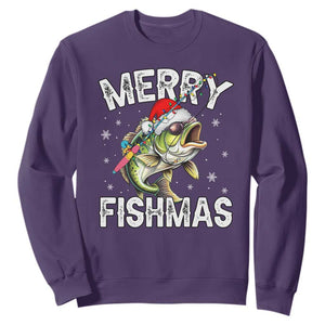 Funny Christmas Fishing Sweatshirt Merry Fishmas Bass Fish Rod TS11 Purple Print Your Wear
