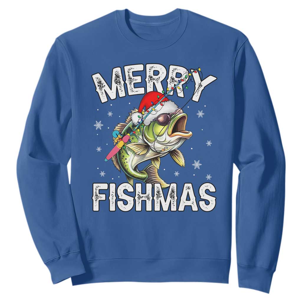 Funny Christmas Fishing Sweatshirt Merry Fishmas Bass Fish Rod TS11 Royal Blue Print Your Wear