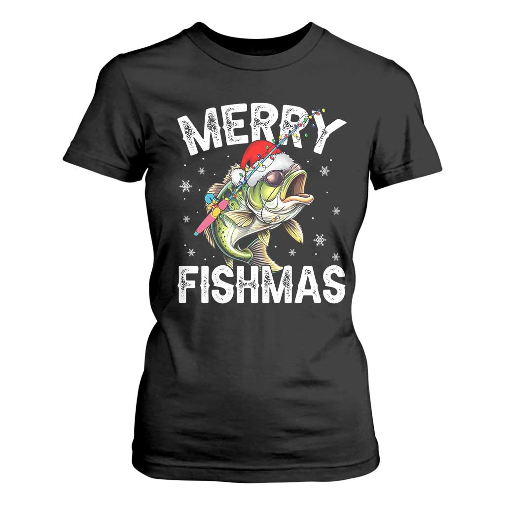Funny Christmas Fishing T Shirt For Women Merry Fishmas Bass Fish Rod TS11 Black Print Your Wear