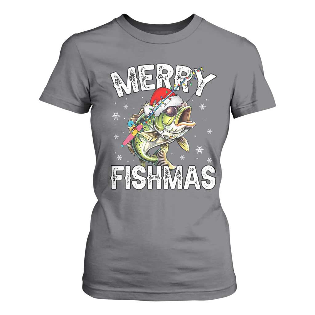 Funny Christmas Fishing T Shirt For Women Merry Fishmas Bass Fish Rod TS11 Charcoal Print Your Wear