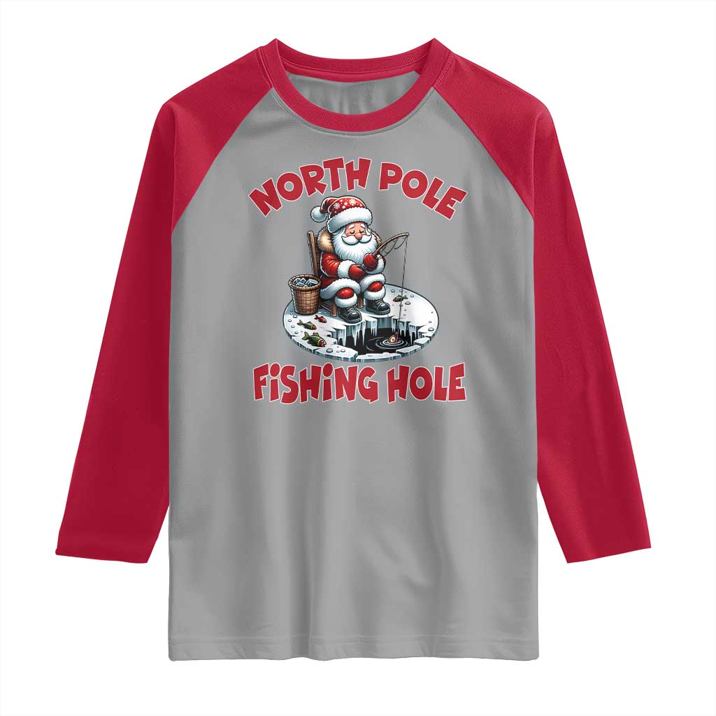 Funny Christmas Fishing Raglan Shirt North Pole Fishing Hole Cute Santa TS11 Sport Gray Red Print Your Wear