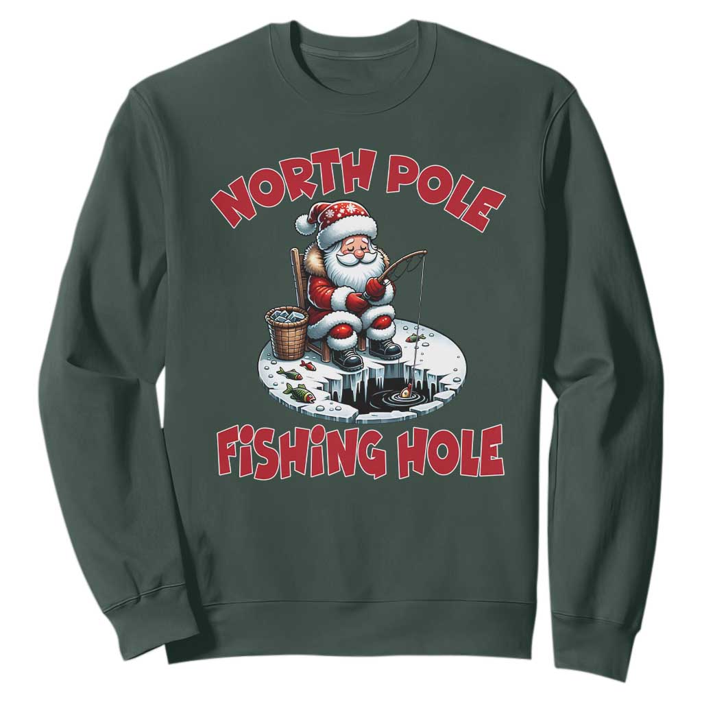 Funny Christmas Fishing Sweatshirt North Pole Fishing Hole Cute Santa TS11 Dark Forest Green Print Your Wear