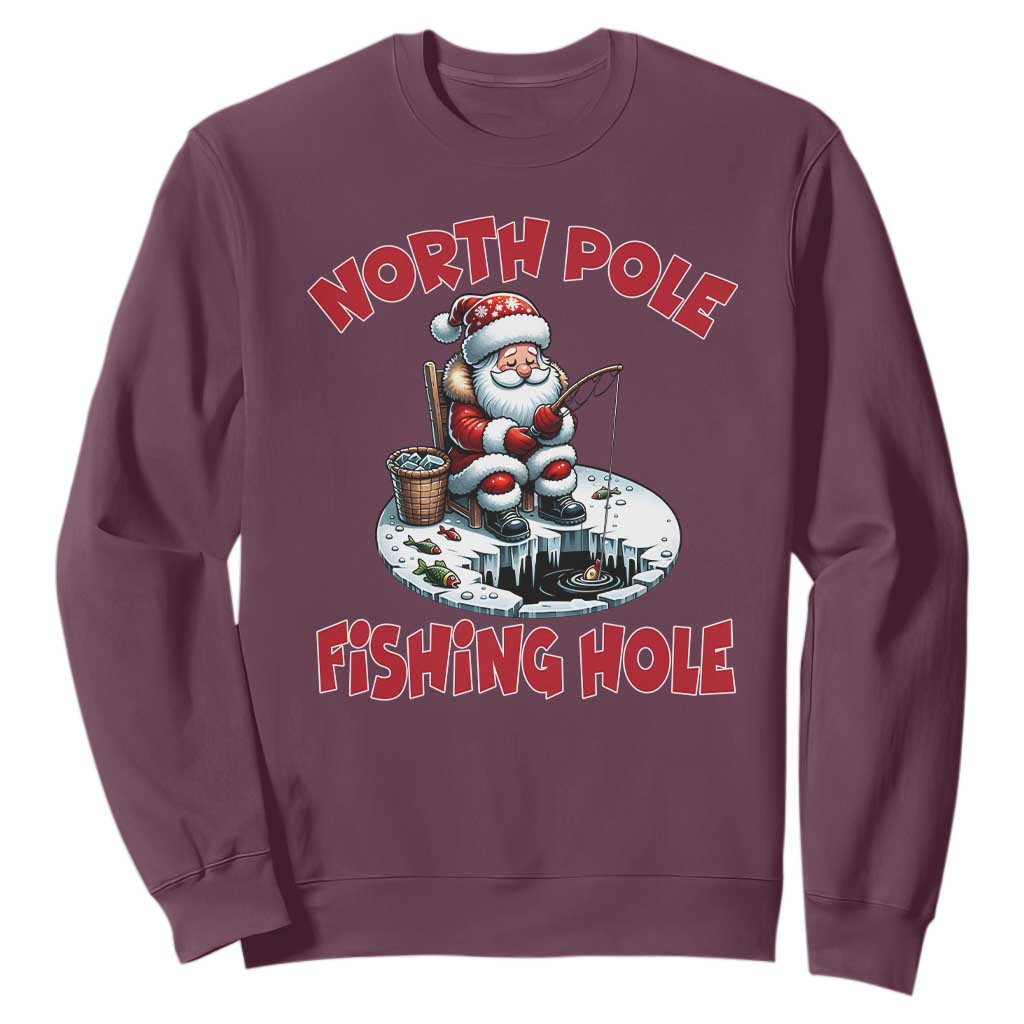 Funny Christmas Fishing Sweatshirt North Pole Fishing Hole Cute Santa TS11 Maroon Print Your Wear