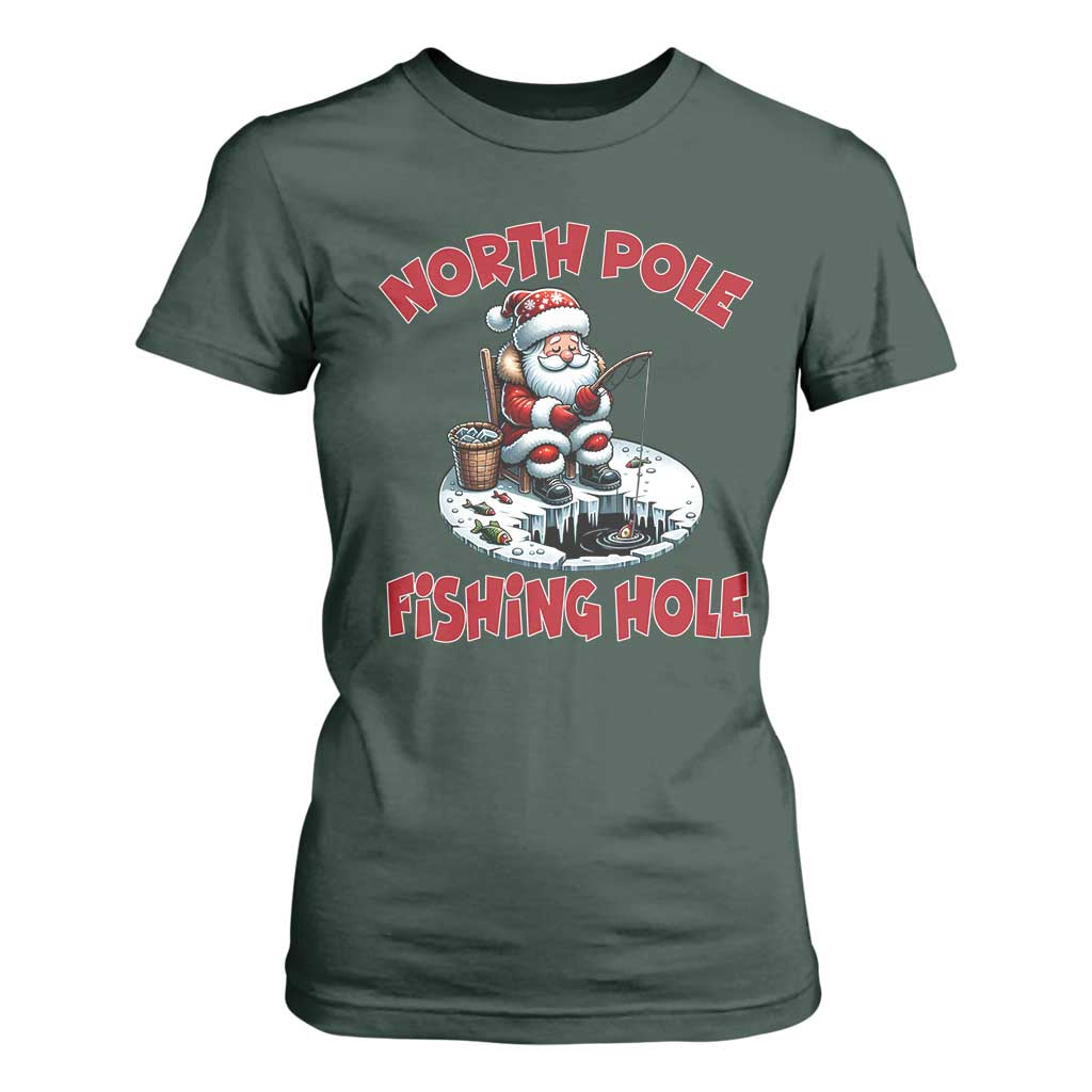 Funny Christmas Fishing T Shirt For Women North Pole Fishing Hole Cute Santa TS11 Dark Forest Green Print Your Wear
