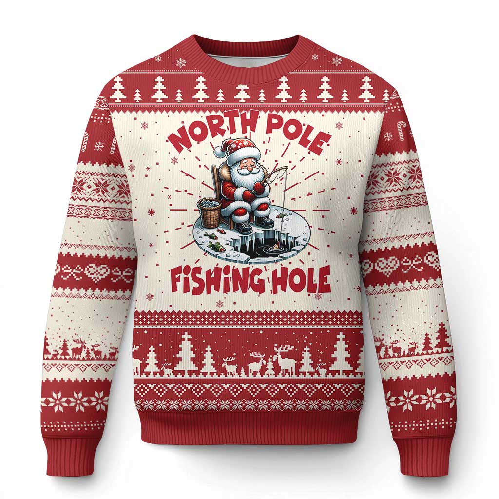Funny Xmas Fishing Ugly Christmas Sweater North Pole Fishing Hole Cute Santa TS11 Red Print Your Wear