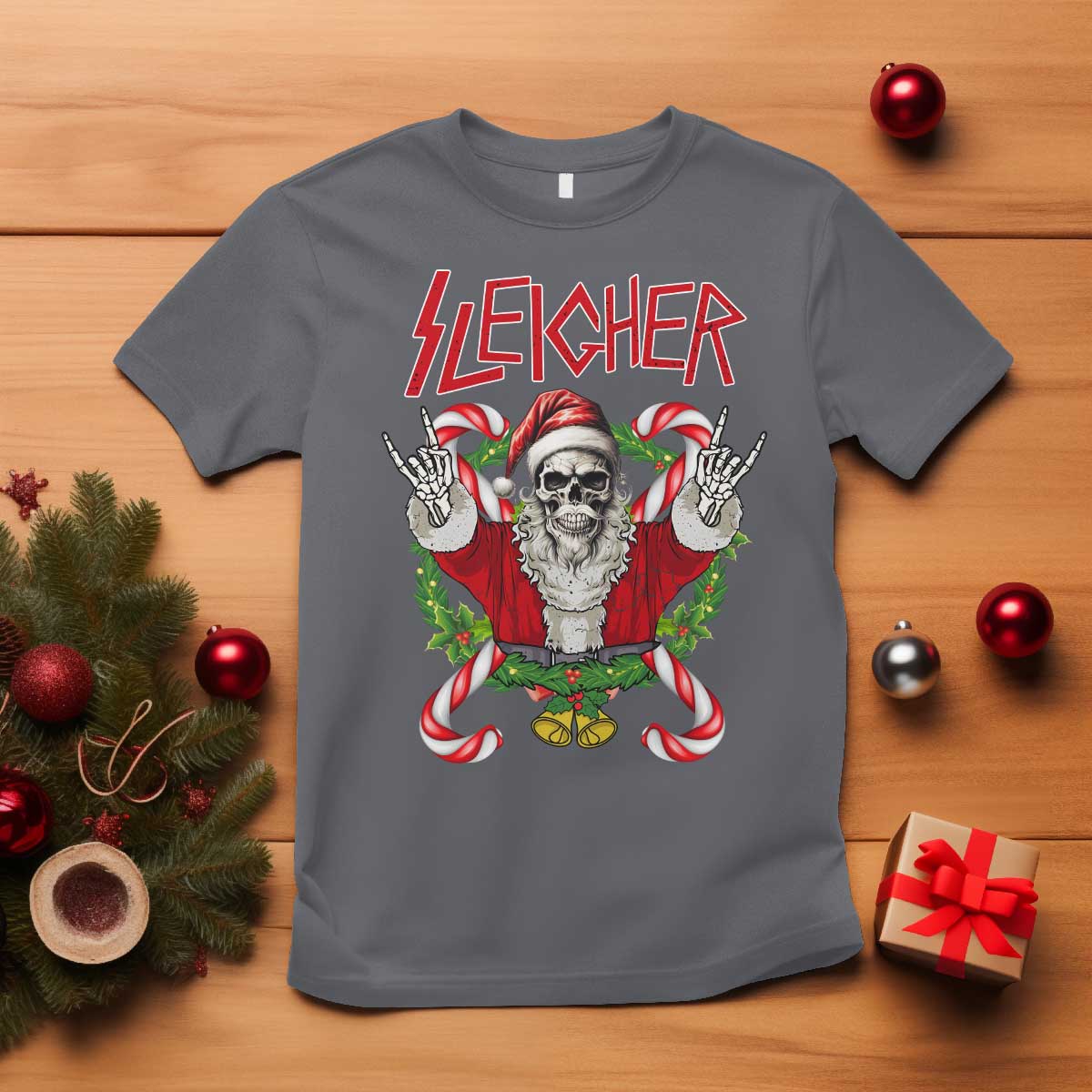 Christmas Heavy Metal T Shirt Sleigher Skeleton Santa Xmas Wreath TS11 Charcoal Print Your Wear
