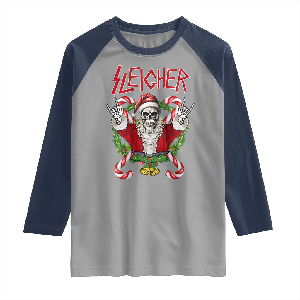 Christmas Heavy Metal Raglan Shirt Sleigher Skeleton Santa Xmas Wreath TS11 Sport Gray Navy Print Your Wear
