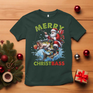 Funny Christmas Fishing T Shirt Merry Christbass Santa Xmas Tree TS11 Dark Forest Green Print Your Wear