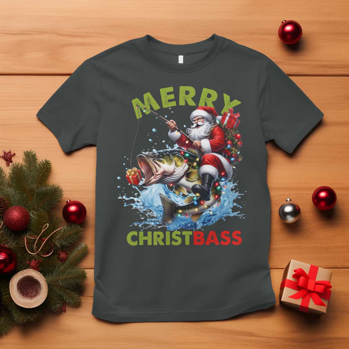 Funny Christmas Fishing T Shirt Merry Christbass Santa Xmas Tree TS11 Dark Heather Print Your Wear