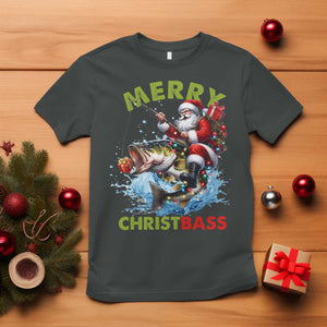 Funny Christmas Fishing T Shirt Merry Christbass Santa Xmas Tree TS11 Dark Heather Print Your Wear
