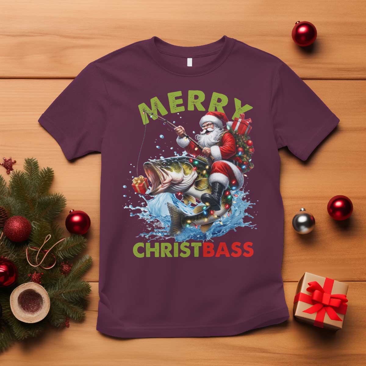 Funny Christmas Fishing T Shirt Merry Christbass Santa Xmas Tree TS11 Maroon Print Your Wear