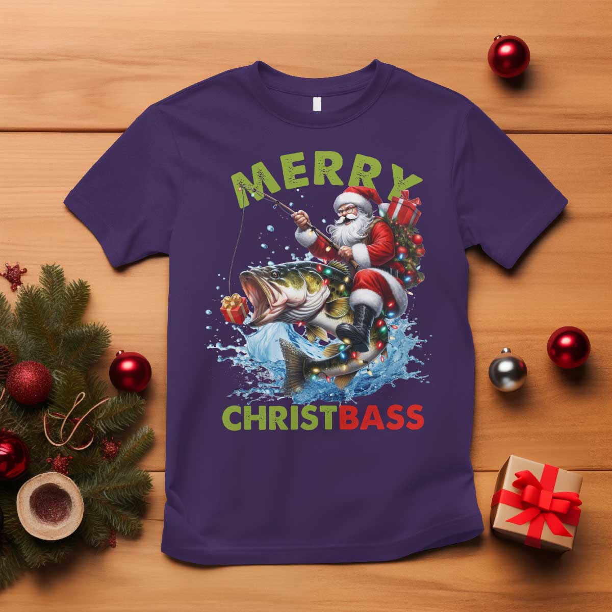 Funny Christmas Fishing T Shirt Merry Christbass Santa Xmas Tree TS11 Purple Print Your Wear