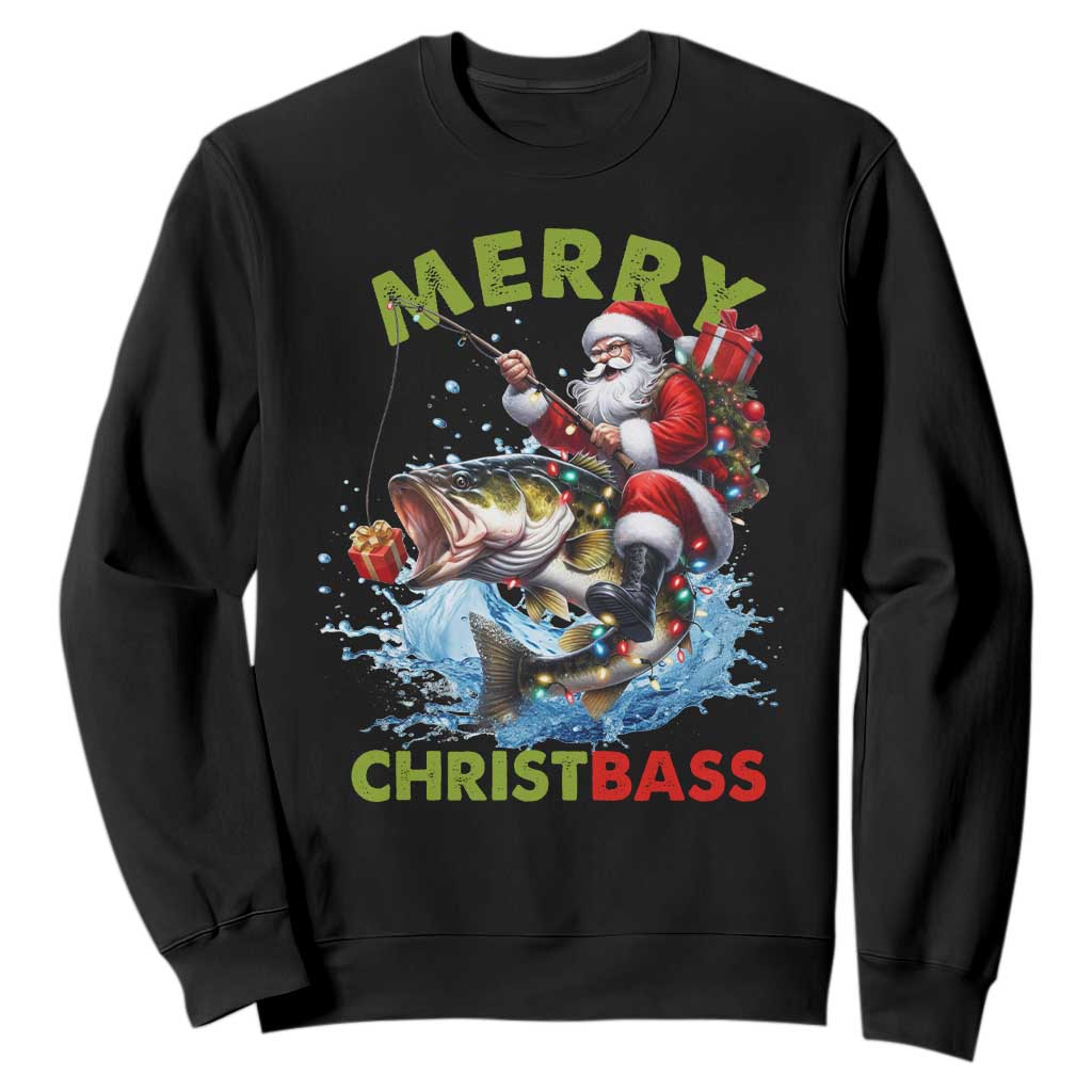 Funny Christmas Fishing Sweatshirt Merry Christbass Santa Xmas Tree TS11 Black Print Your Wear