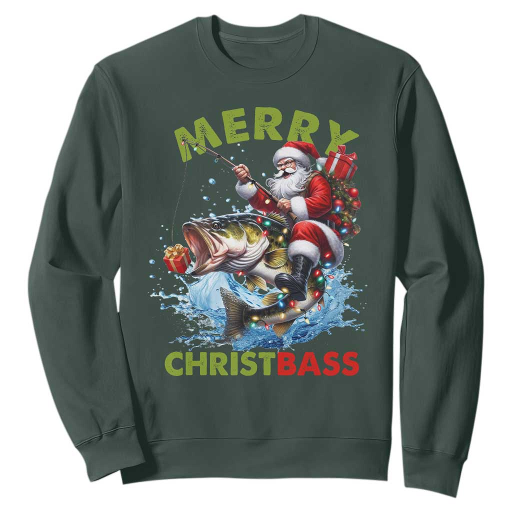 Funny Christmas Fishing Sweatshirt Merry Christbass Santa Xmas Tree TS11 Dark Forest Green Print Your Wear