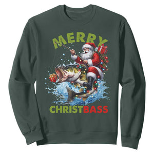 Funny Christmas Fishing Sweatshirt Merry Christbass Santa Xmas Tree TS11 Dark Forest Green Print Your Wear