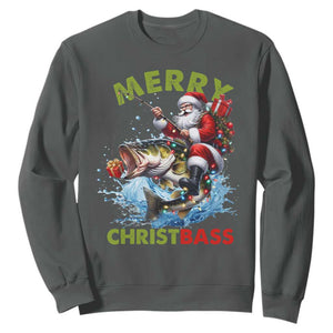Funny Christmas Fishing Sweatshirt Merry Christbass Santa Xmas Tree TS11 Dark Heather Print Your Wear
