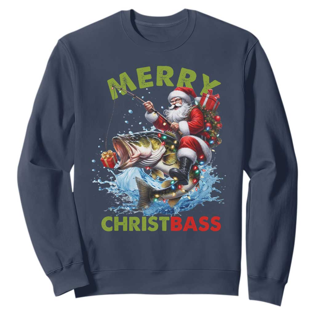 Funny Christmas Fishing Sweatshirt Merry Christbass Santa Xmas Tree TS11 Navy Print Your Wear