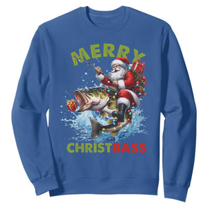 Funny Christmas Fishing Sweatshirt Merry Christbass Santa Xmas Tree TS11 Royal Blue Print Your Wear