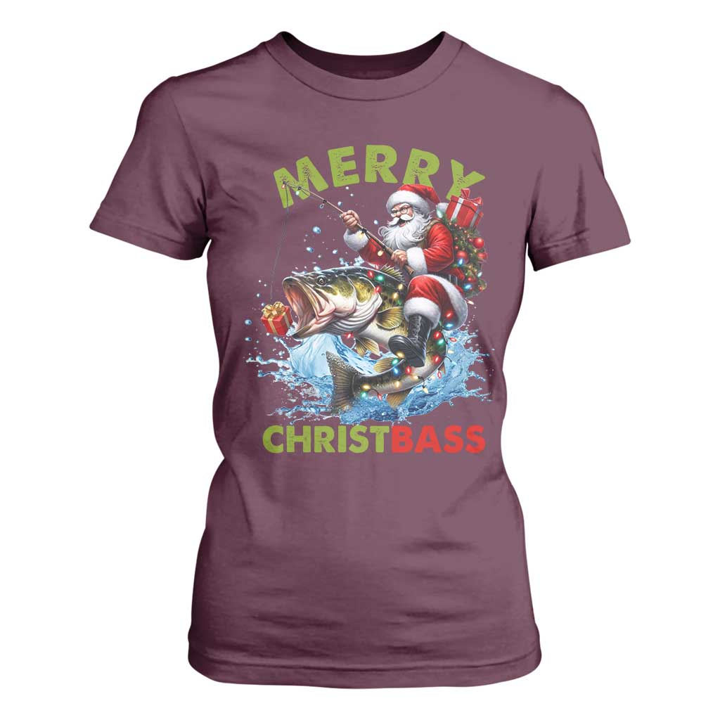Funny Christmas Fishing T Shirt For Women Merry Christbass Santa Xmas Tree TS11 Maroon Print Your Wear