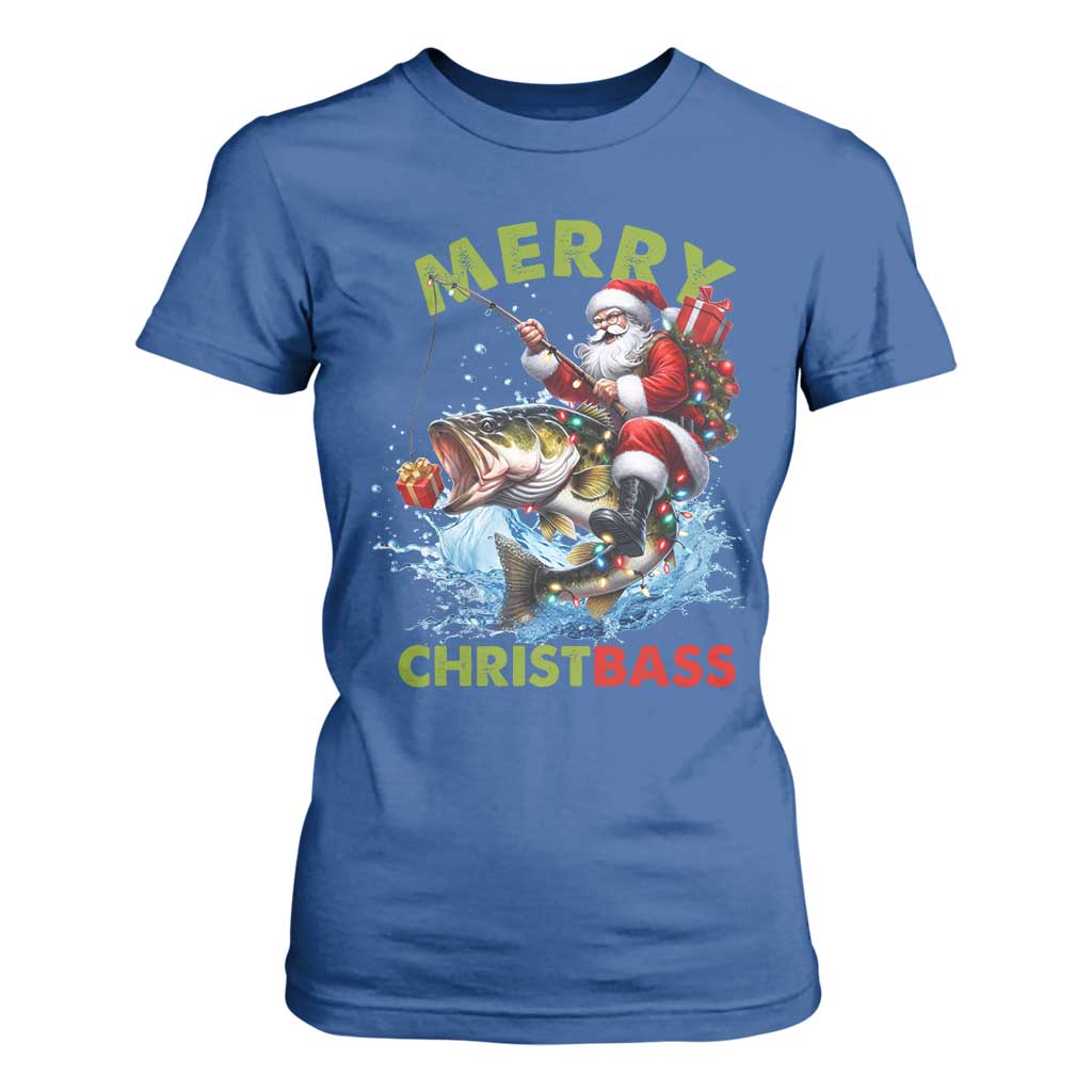 Funny Christmas Fishing T Shirt For Women Merry Christbass Santa Xmas Tree TS11 Royal Blue Print Your Wear