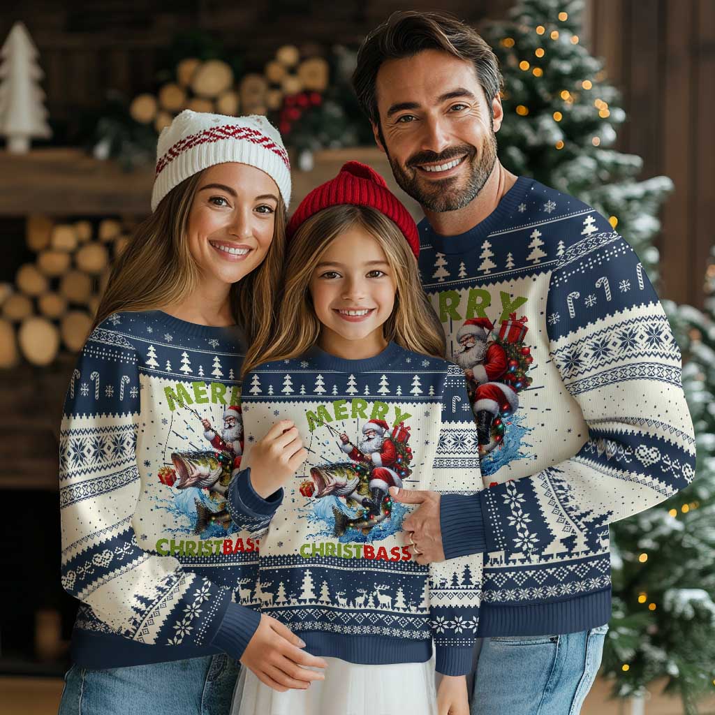Funny Xmas Fishing Ugly Christmas Sweater Merry Christbass Santa Xmas Tree TS11 Navy Print Your Wear