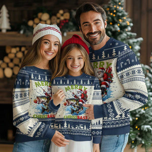 Funny Xmas Fishing Ugly Christmas Sweater Merry Christbass Santa Xmas Tree TS11 Navy Print Your Wear