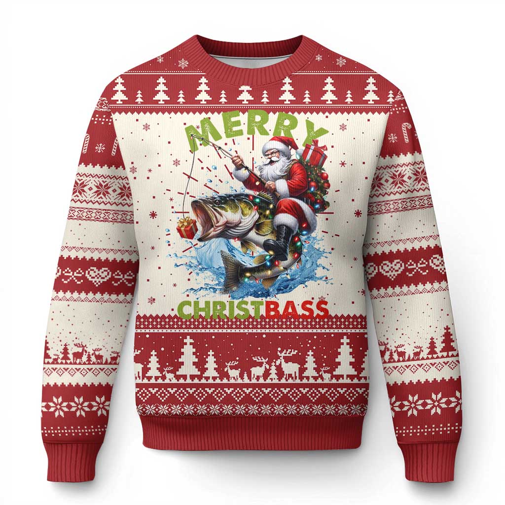 Funny Xmas Fishing Ugly Christmas Sweater Merry Christbass Santa Xmas Tree TS11 Red Print Your Wear