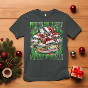 Funny Fishing Christmas T Shirt Fishing You A Very Merry Fishmas Santa Hat TS11 Dark Heather Print Your Wear