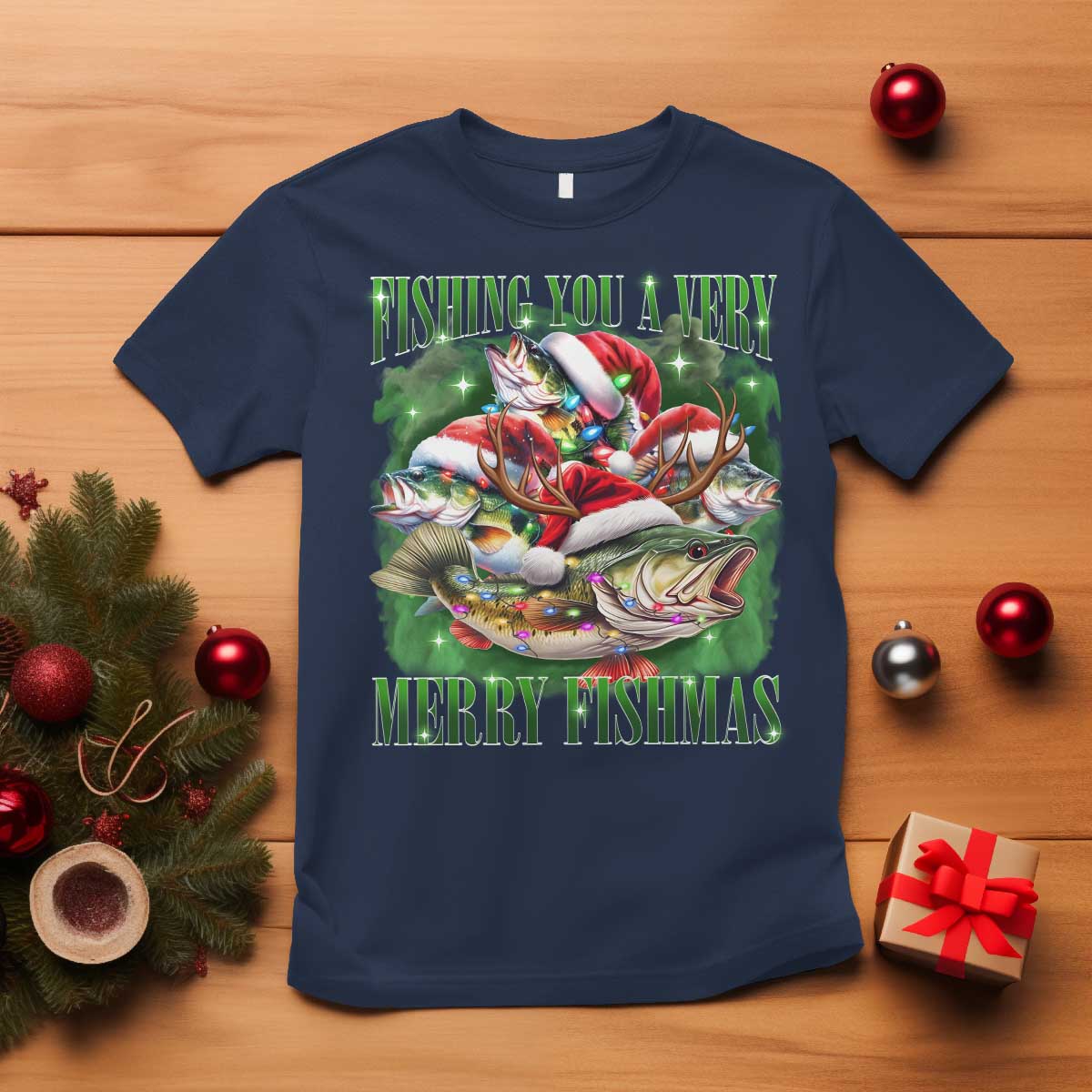 Funny Fishing Christmas T Shirt Fishing You A Very Merry Fishmas Santa Hat TS11 Navy Print Your Wear