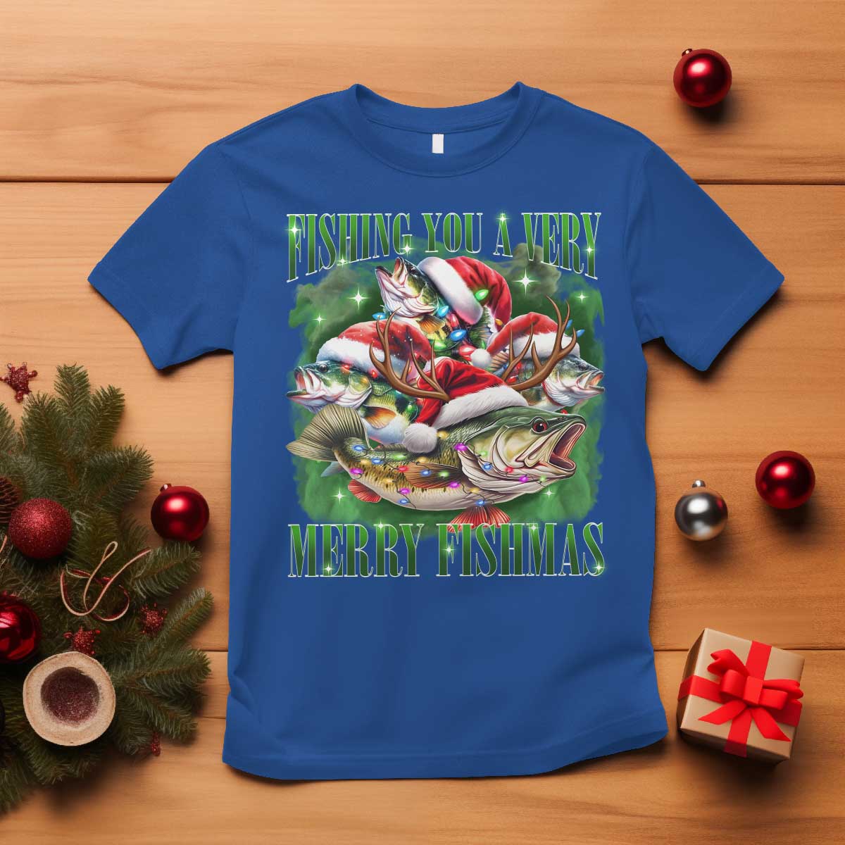 Funny Fishing Christmas T Shirt Fishing You A Very Merry Fishmas Santa Hat TS11 Royal Blue Print Your Wear