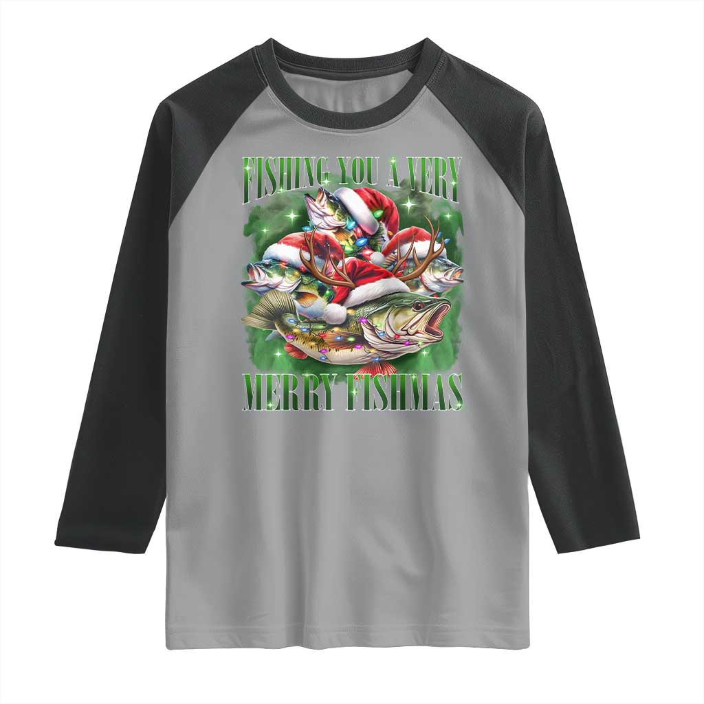 Funny Fishing Christmas Raglan Shirt Fishing You A Very Merry Fishmas Santa Hat TS11 Sport Gray Black Print Your Wear