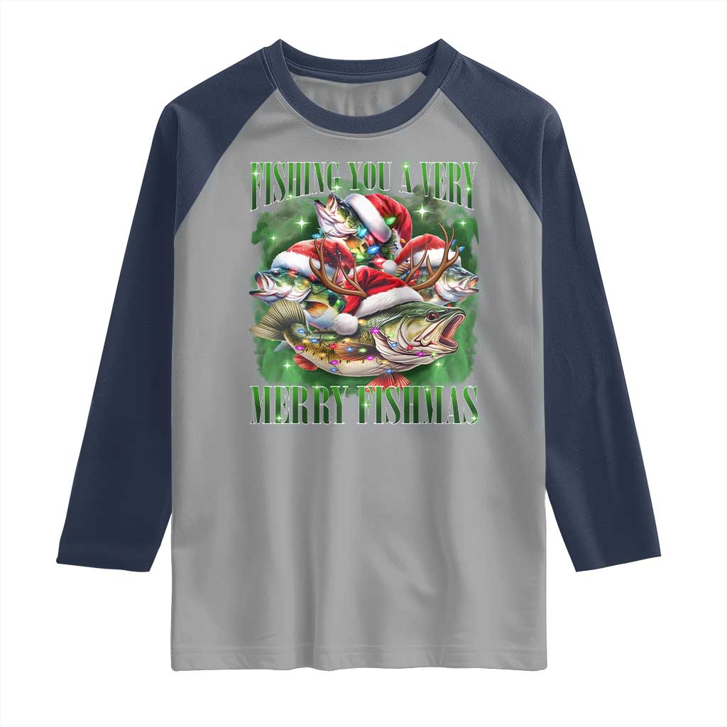 Funny Fishing Christmas Raglan Shirt Fishing You A Very Merry Fishmas Santa Hat TS11 Sport Gray Navy Print Your Wear