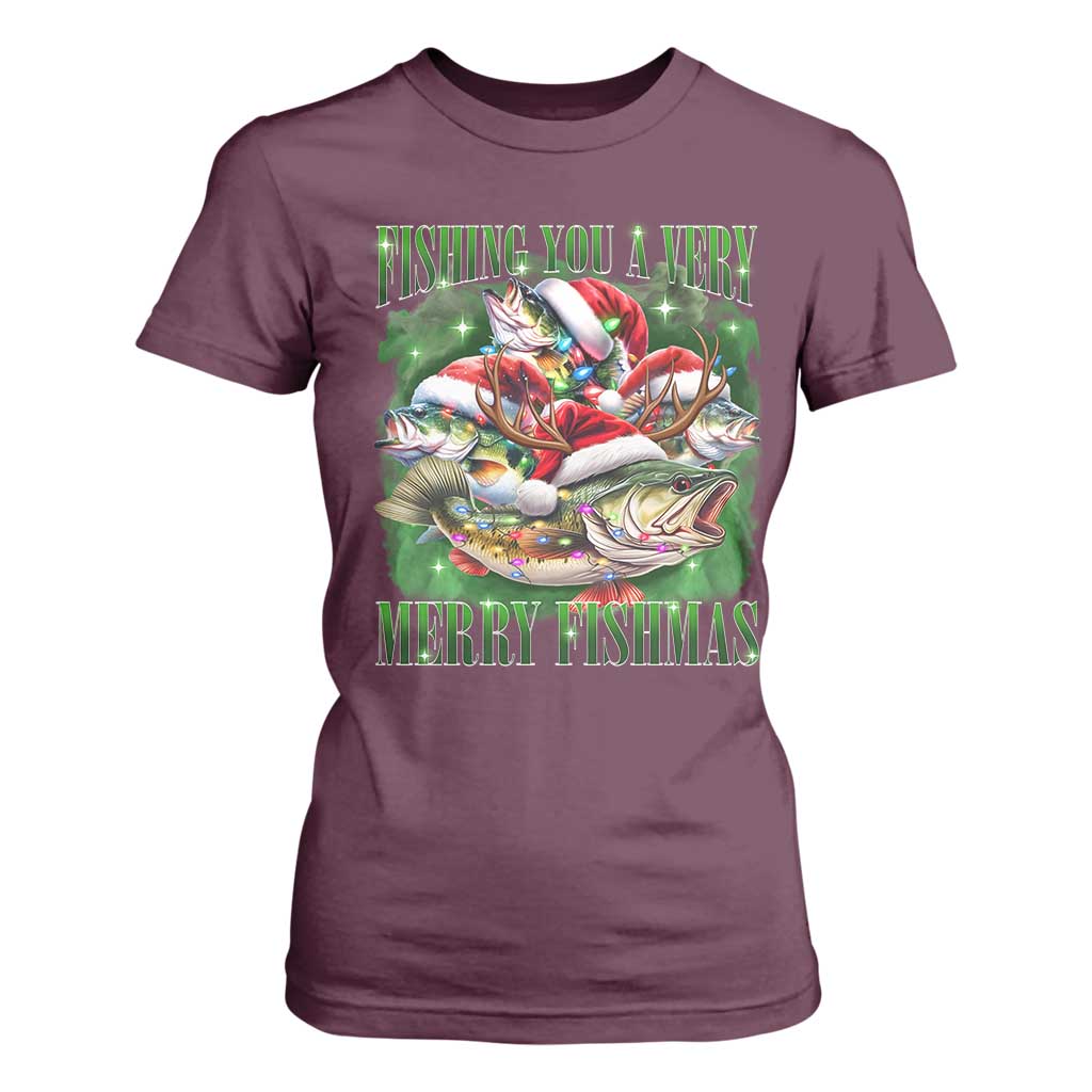 Funny Fishing Christmas T Shirt For Women Fishing You A Very Merry Fishmas Santa Hat TS11 Maroon Print Your Wear