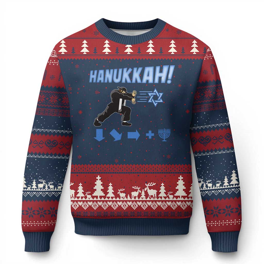 Funny Hanukkah Arcade Game Ugly Christmas Sweater Jewish Fighter Menorah Star Of David TS11 Navy Red Print Your Wear