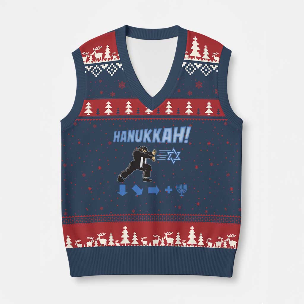 Funny Hanukkah Arcade Game V-Neck Knit Sweater Vest Jewish Fighter Menorah Star Of David TS11 Navy Red Print Your Wear