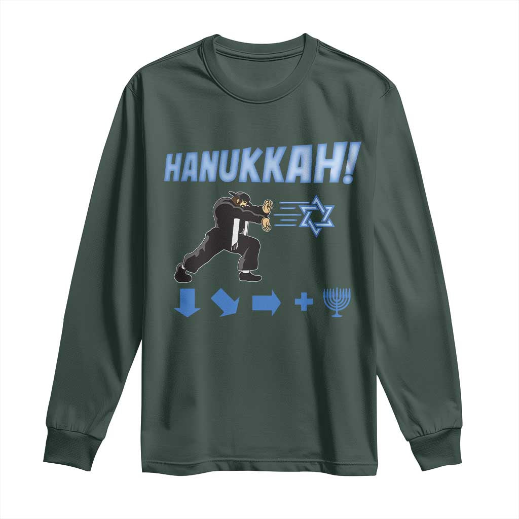 Funny Hanukkah Arcade Game Long Sleeve Shirt Jewish Fighter Menorah Star Of David TS11 Dark Forest Green Print Your Wear