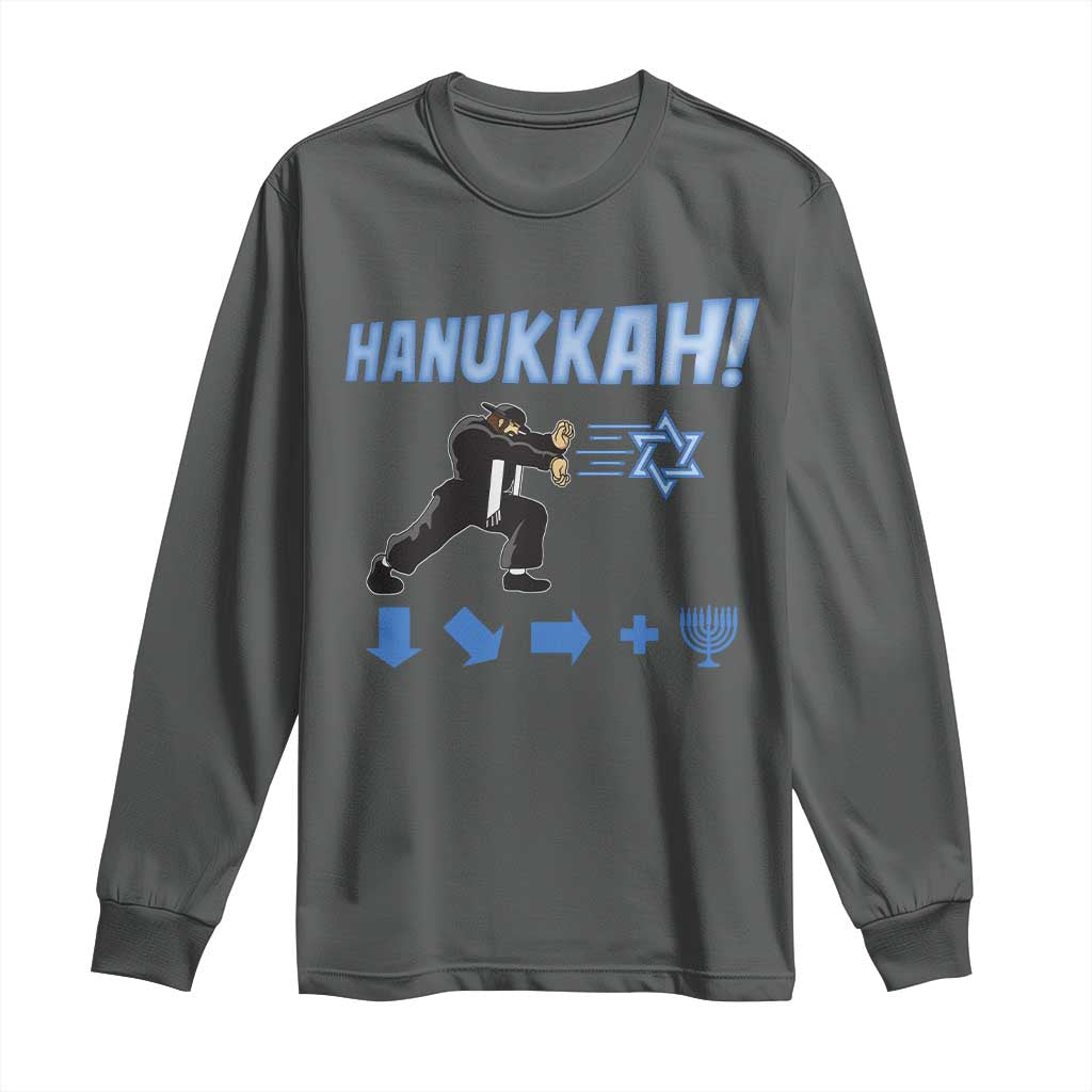 Funny Hanukkah Arcade Game Long Sleeve Shirt Jewish Fighter Menorah Star Of David TS11 Dark Heather Print Your Wear