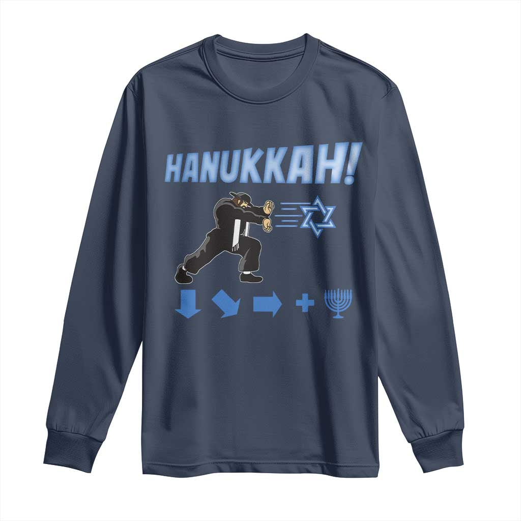 Funny Hanukkah Arcade Game Long Sleeve Shirt Jewish Fighter Menorah Star Of David TS11 Navy Print Your Wear