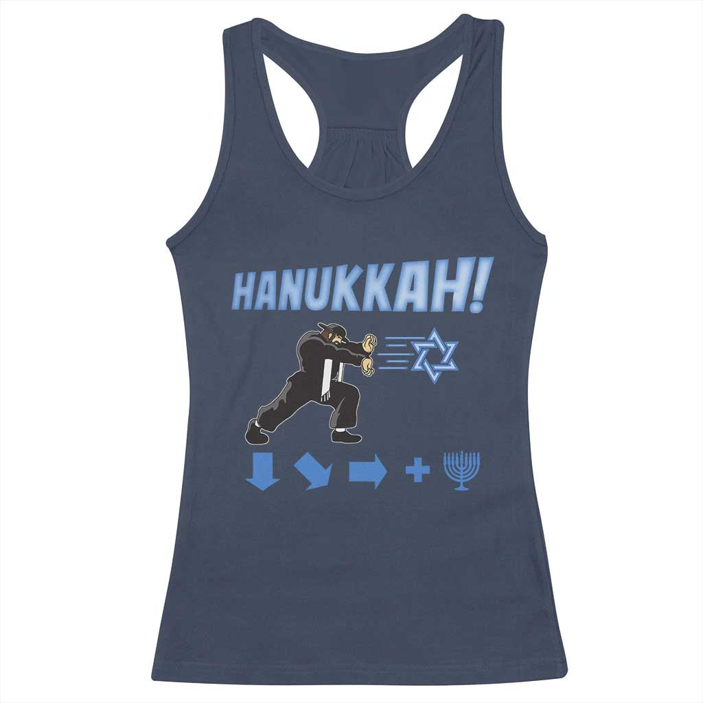 Funny Hanukkah Arcade Game Racerback Tank Top Jewish Fighter Menorah Star Of David TS11 Navy Print Your Wear