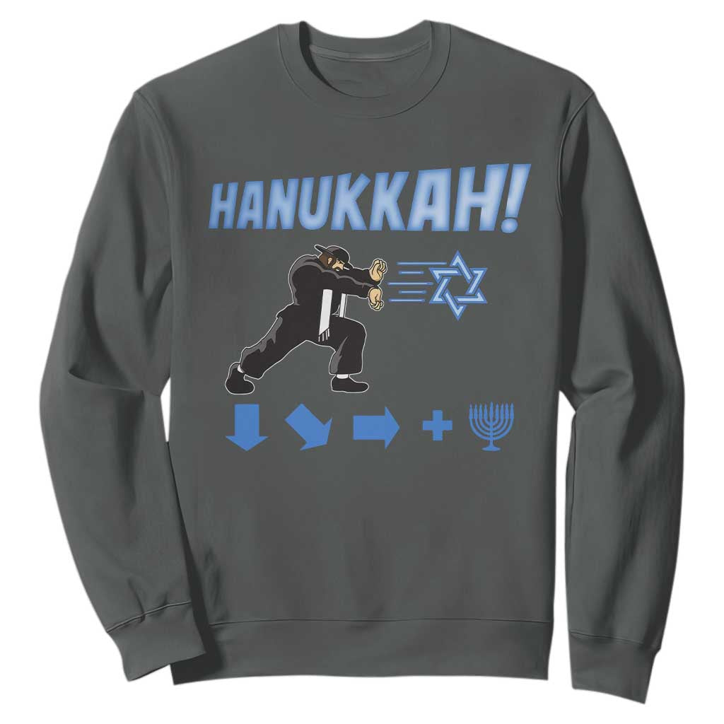 Funny Hanukkah Arcade Game Sweatshirt Jewish Fighter Menorah Star Of David TS11 Dark Heather Print Your Wear