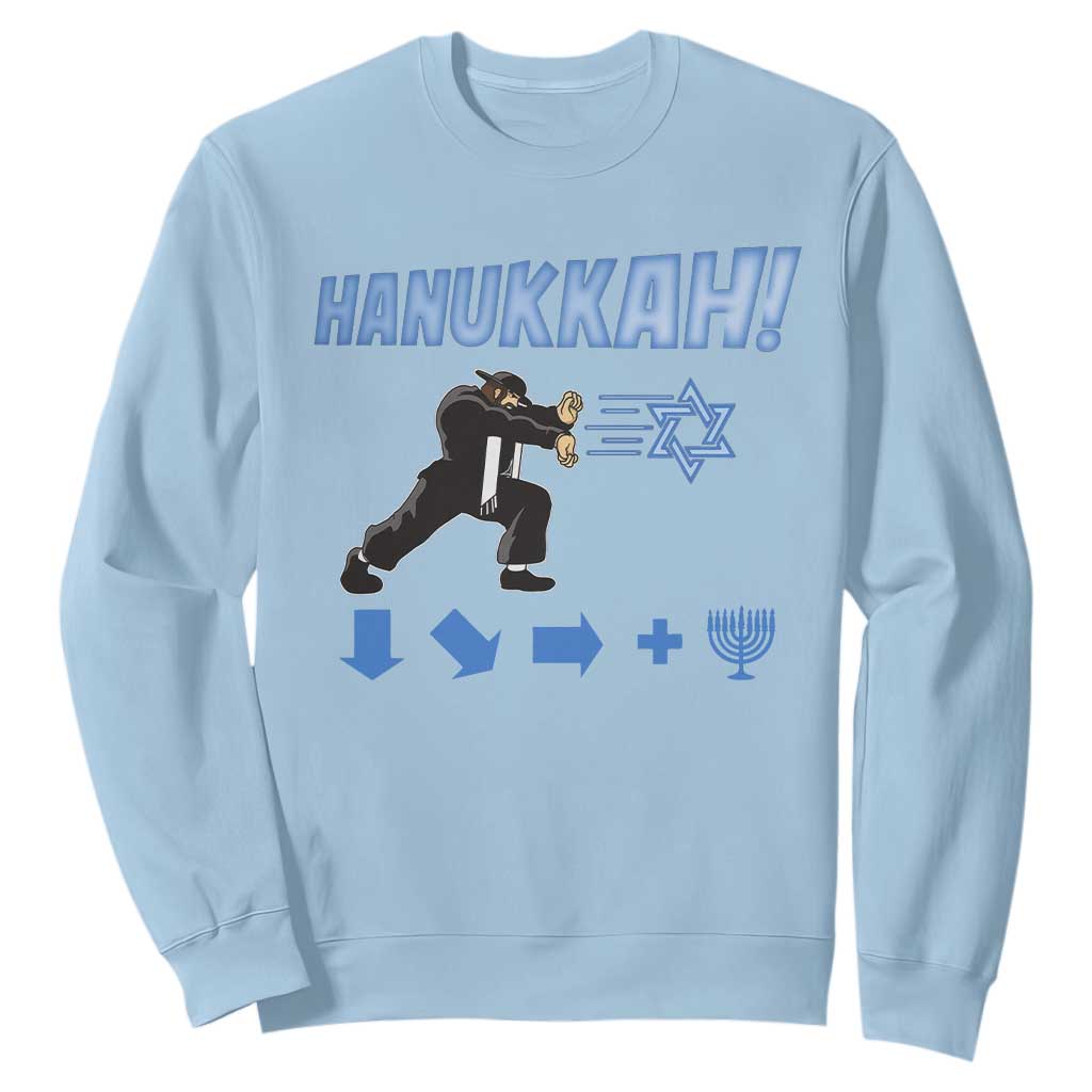 Funny Hanukkah Arcade Game Sweatshirt Jewish Fighter Menorah Star Of David TS11 Light Blue Print Your Wear