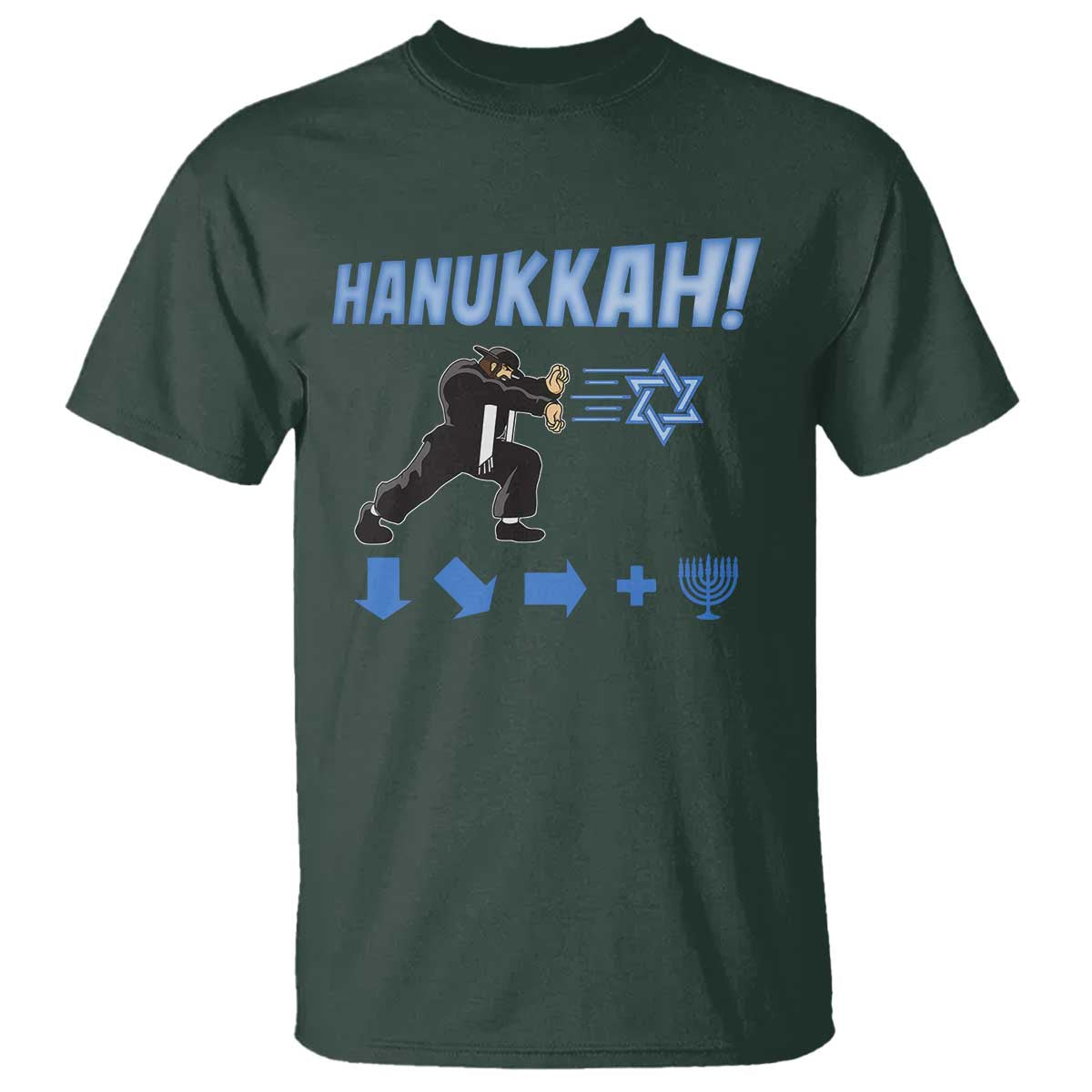 Funny Hanukkah Arcade Game T Shirt Jewish Fighter Menorah Star Of David TS11 Dark Forest Green Print Your Wear