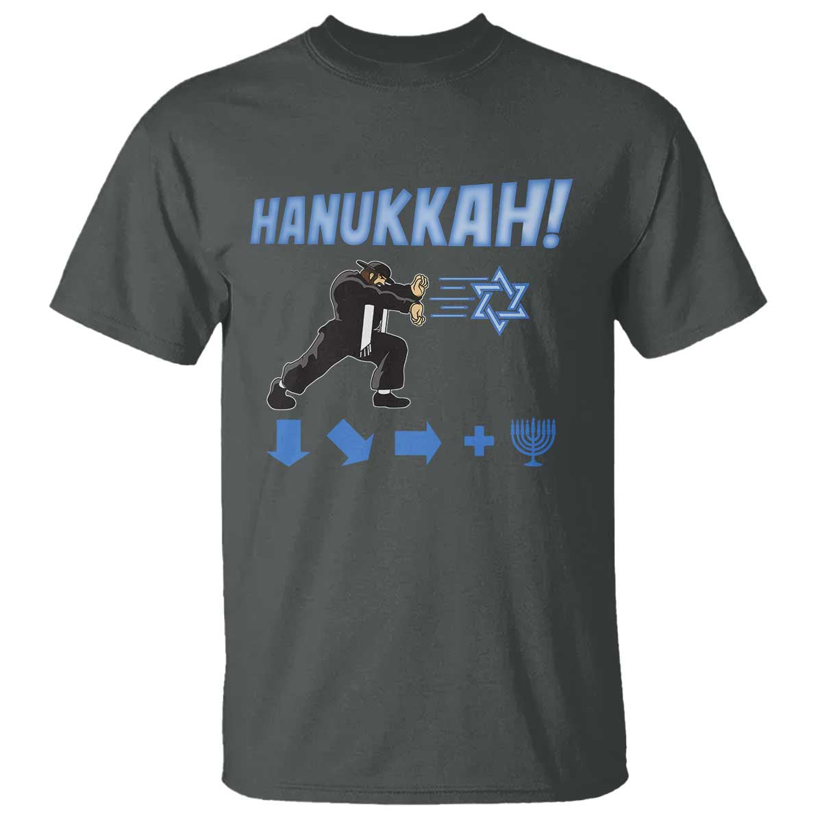 Funny Hanukkah Arcade Game T Shirt Jewish Fighter Menorah Star Of David TS11 Dark Heather Print Your Wear
