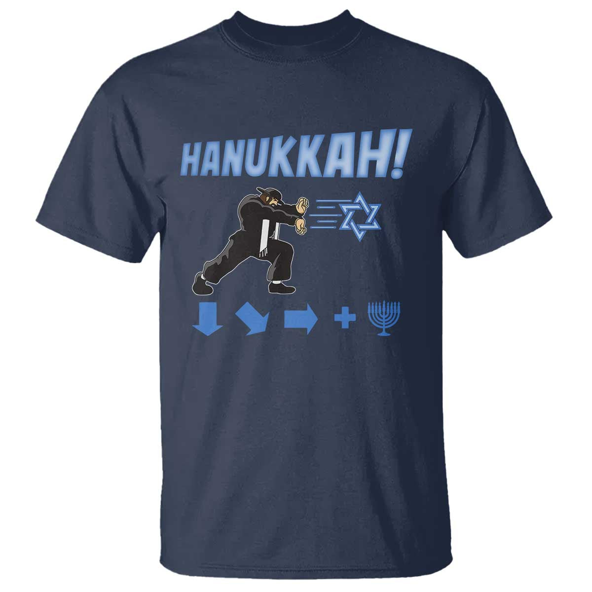 Funny Hanukkah Arcade Game T Shirt Jewish Fighter Menorah Star Of David TS11 Navy Print Your Wear