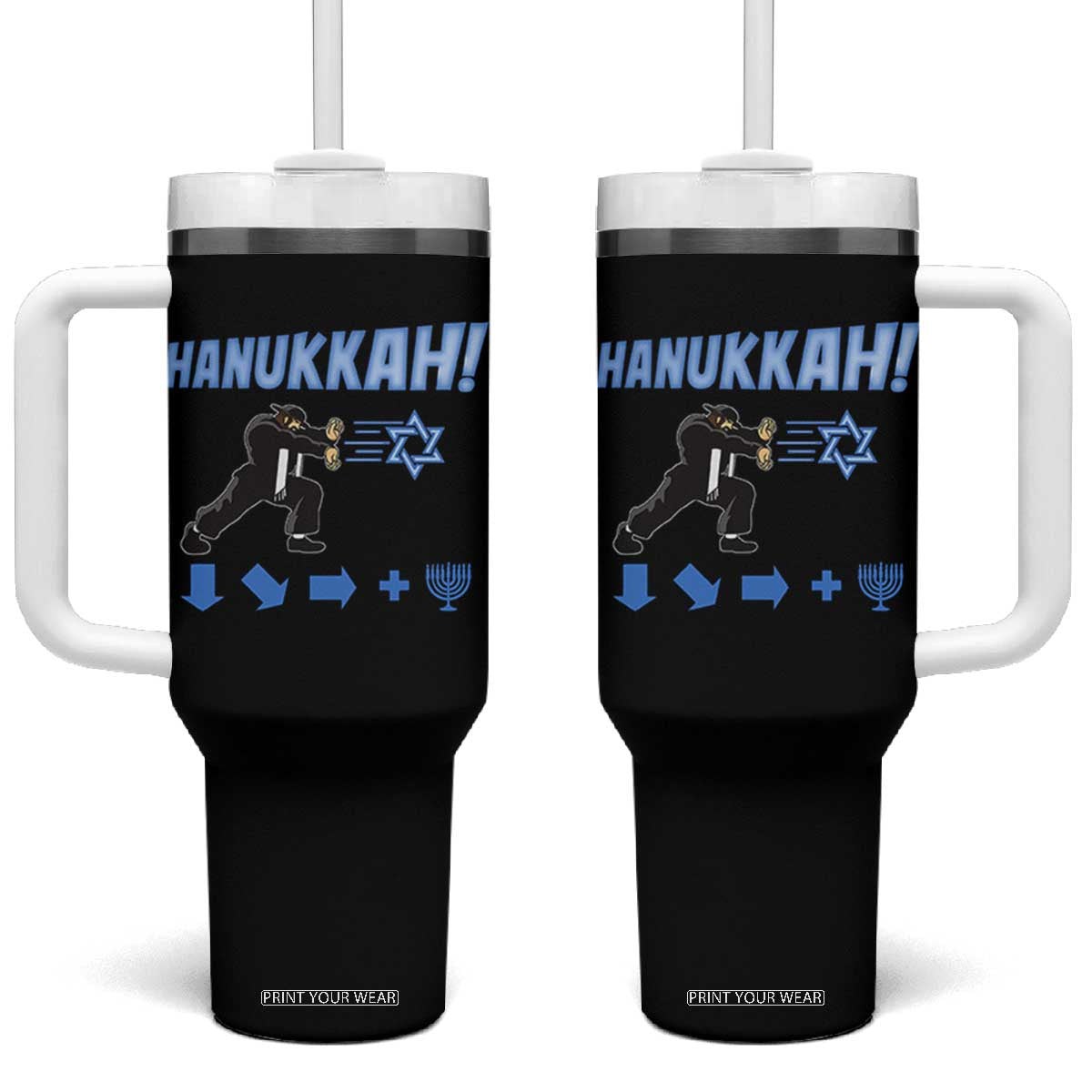 Funny Hanukkah Arcade Game Tumbler With Handle Jewish Fighter Menorah Star Of David TS11 One Size: 40 oz Black Print Your Wear
