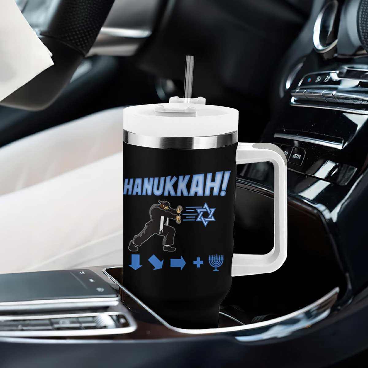 Funny Hanukkah Arcade Game Tumbler With Handle Jewish Fighter Menorah Star Of David TS11 Print Your Wear