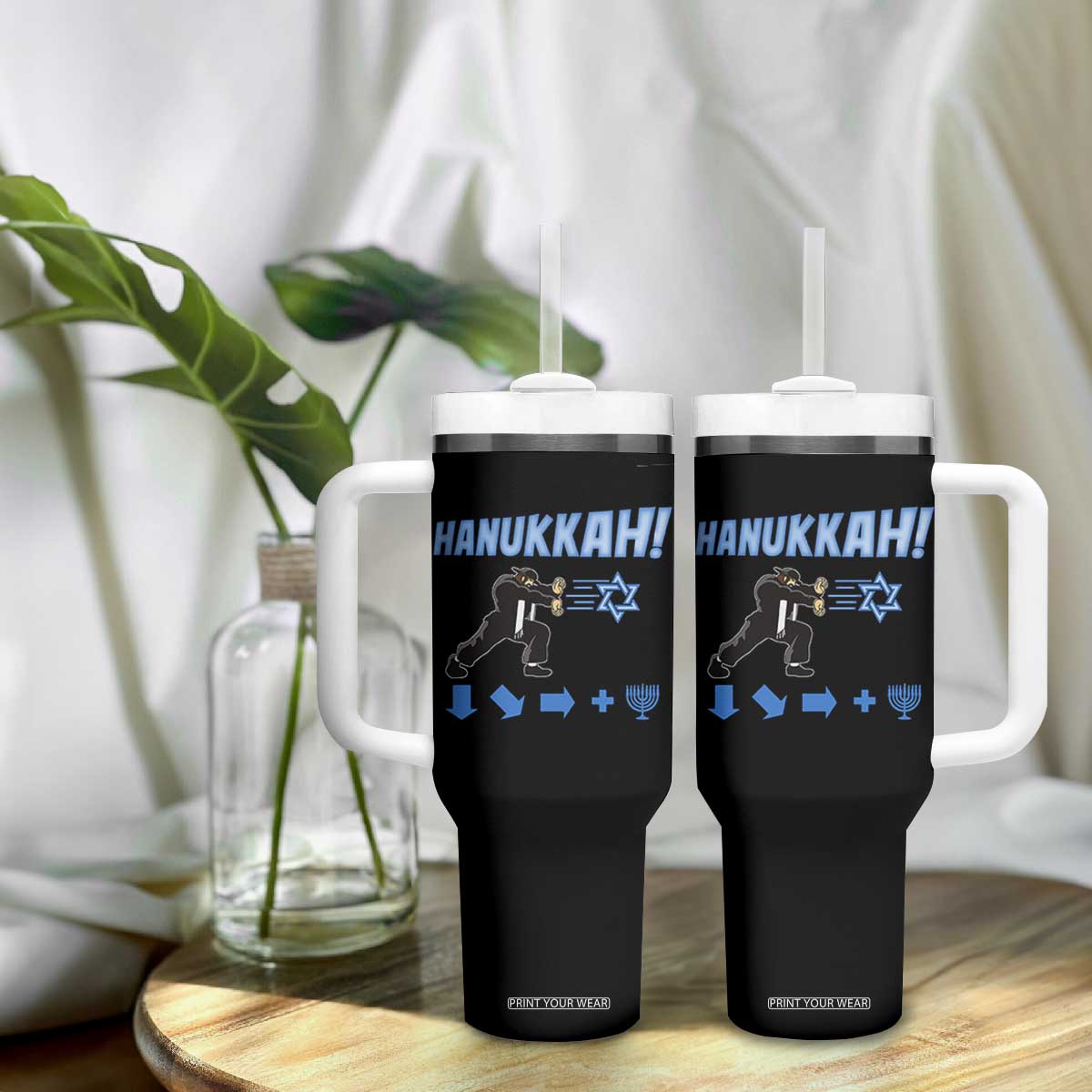 Funny Hanukkah Arcade Game Tumbler With Handle Jewish Fighter Menorah Star Of David TS11 Print Your Wear