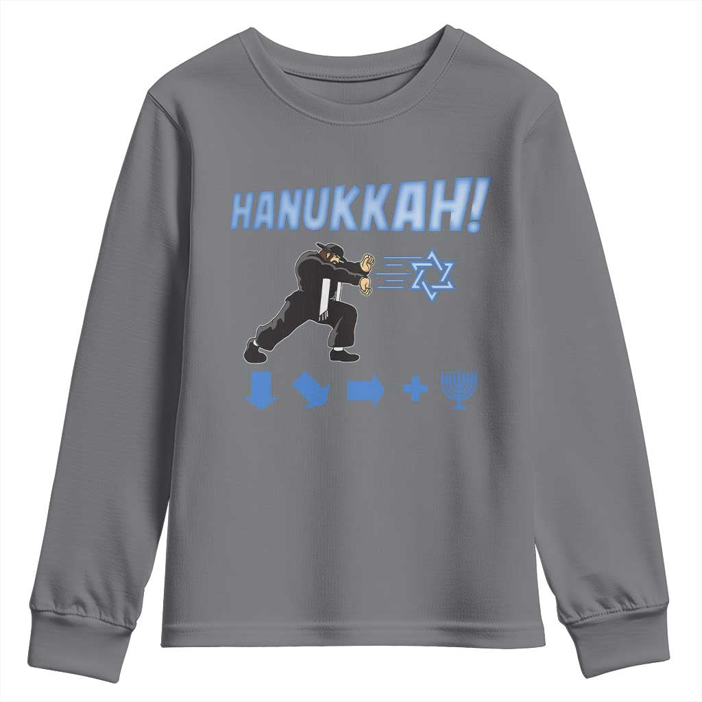 Funny Hanukkah Arcade Game Youth Sweatshirt Jewish Fighter Menorah Star Of David TS11 Charcoal Print Your Wear