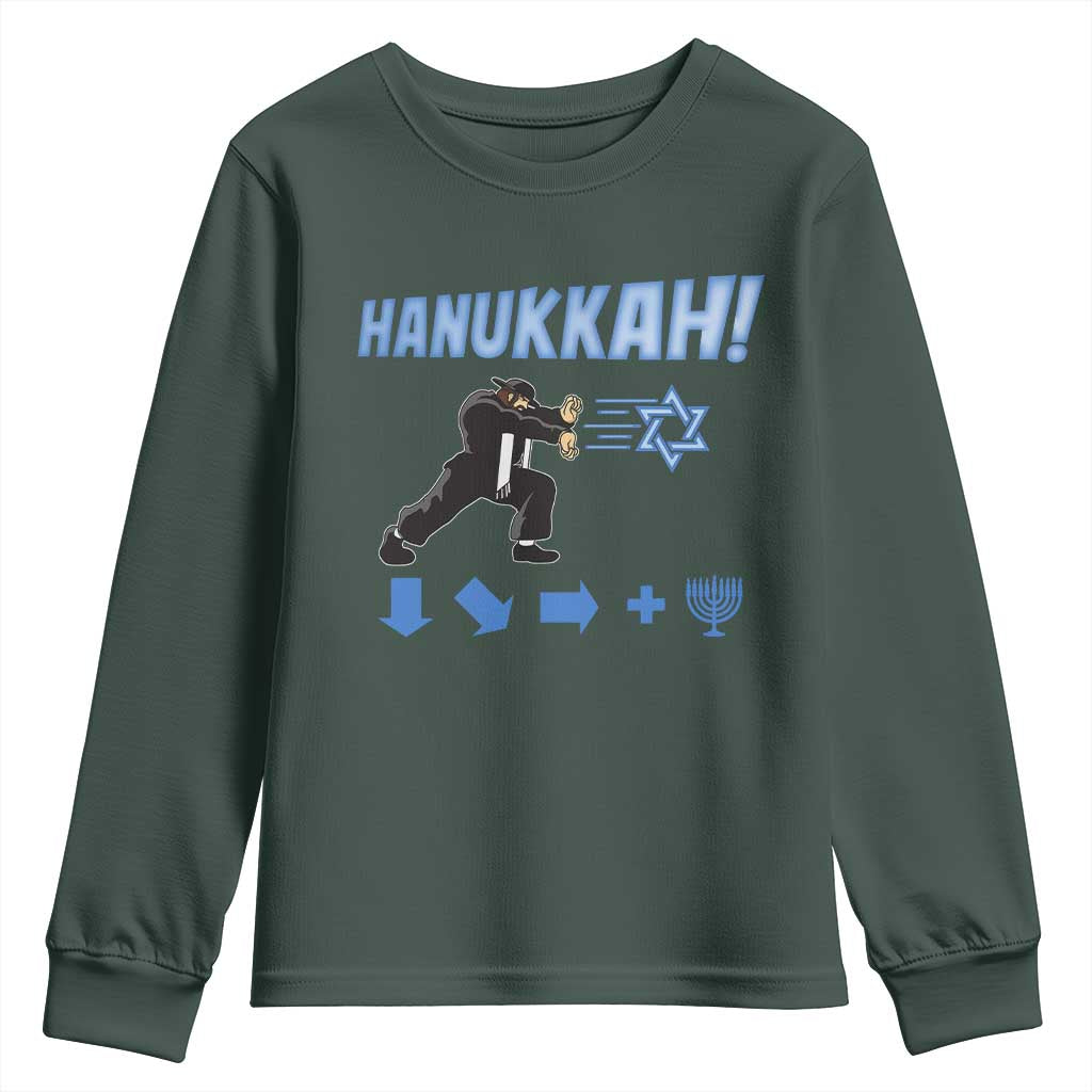 Funny Hanukkah Arcade Game Youth Sweatshirt Jewish Fighter Menorah Star Of David TS11 Dark Forest Green Print Your Wear